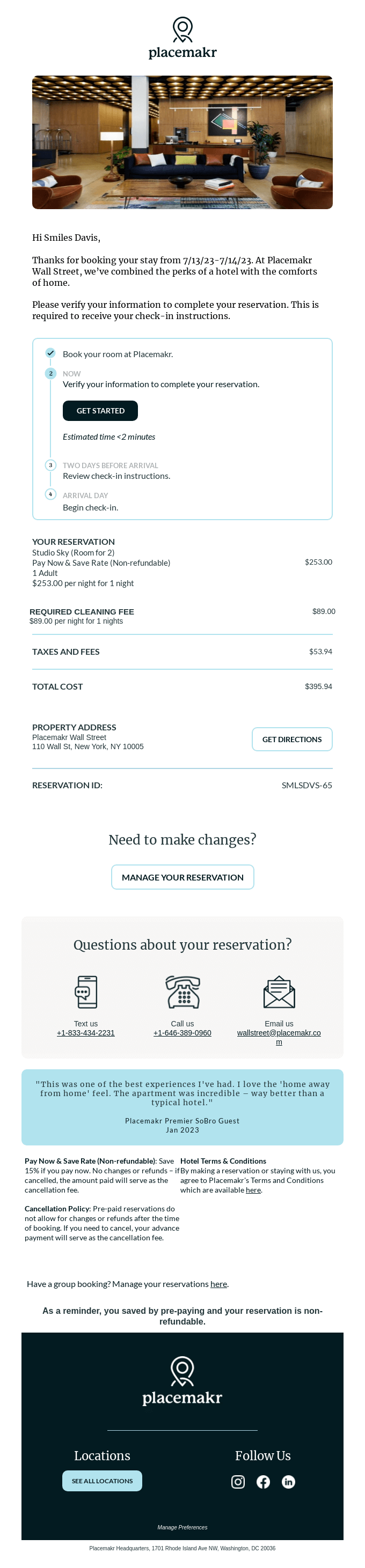 Placemkr booking confirmation email with step-by-step guest guide, Google Maps directions CTA, and customer review testimonial for social proof
